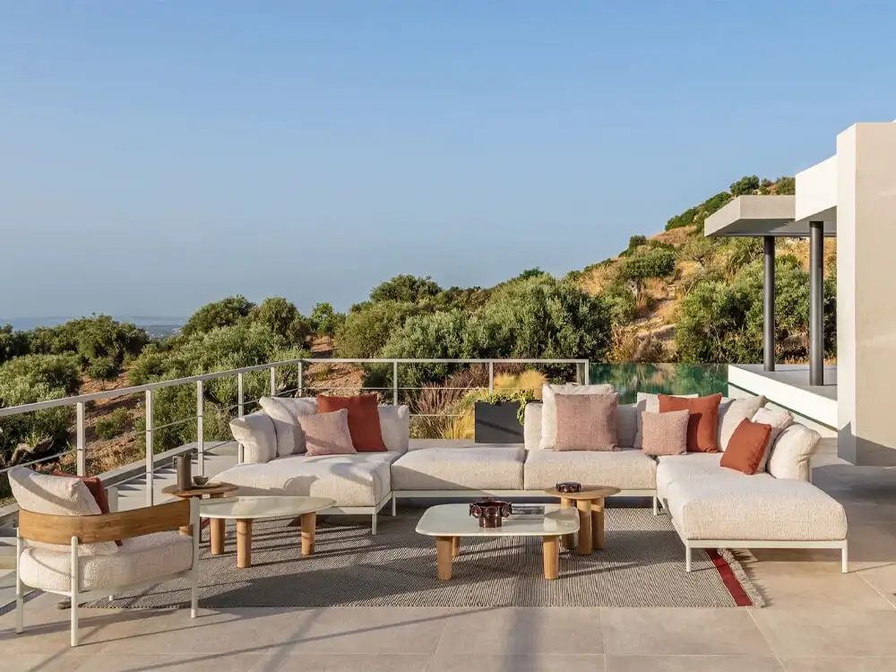 Collezione Flow Talenti 2026 divano componibile outdoor tessuto righe bronzo.webp